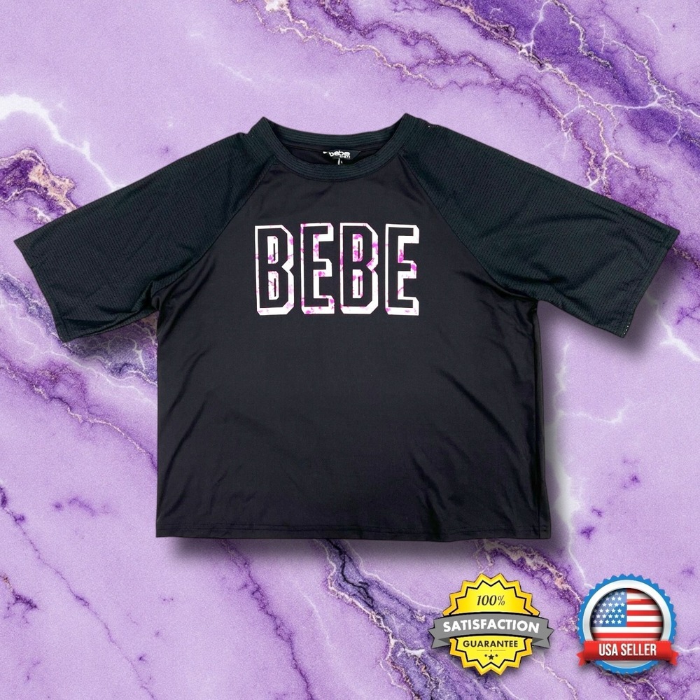 BEBE Sport WOMENS LARGE Athletic Mesh Tee Shirt Top Black Tie Dye Logo NWT
